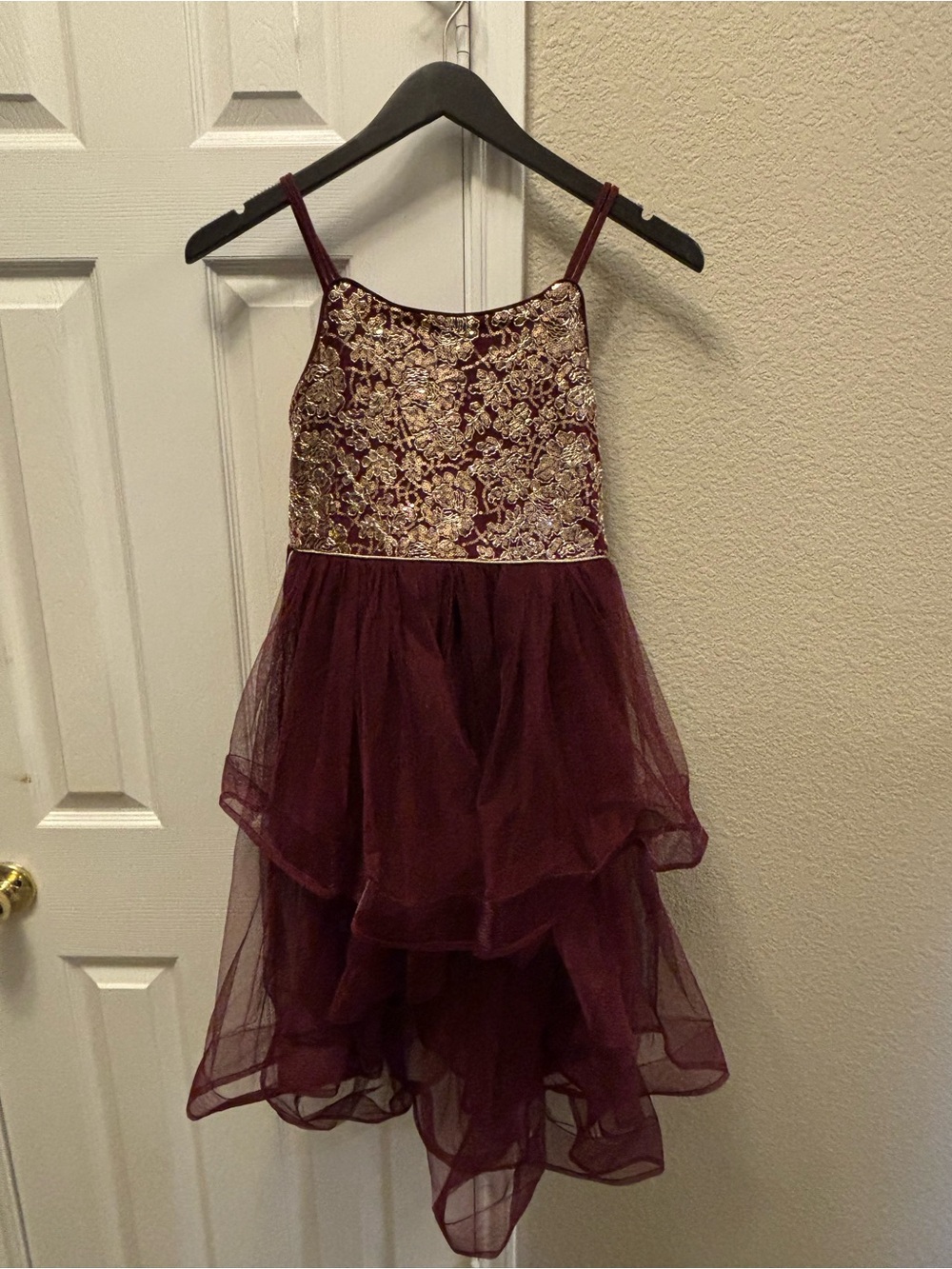 lilt Burgundy and Gold Lace Bodice High-Low Tulle Dress
